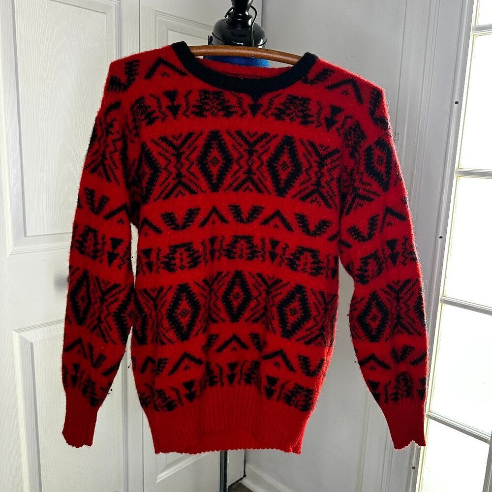 Vintage Carson Pirie Scott Red Black Geometric Wool Sweater SIZE LARGE - AS IS